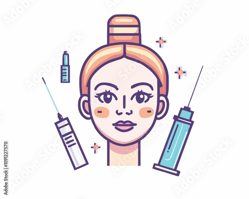 Botox injections cosmetology and mesotherapy, face care line color icon. Anti aging cosmetics or face skincare injections thin line vector symbol. Woman beauty product or mesotherapy outline pictogram