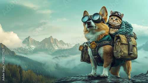 Dog and Cat in Scenic Mountain Landscape