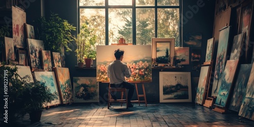 an artist in their studio painting a cancas with many photo