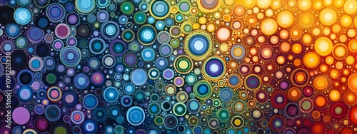 A vibrant, psychedelic rainbow pattern of circular dots arranged in an intricate grid with the colors purple, green, and blue