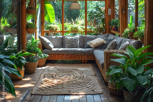 Serene scandinavian conservatory with natural light, lush plants, and cozy relaxation space