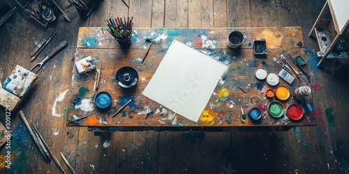 a cosy art table viex from above rectangle photograph photo