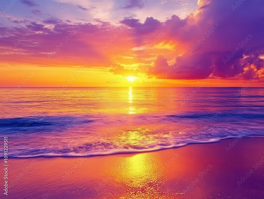 Fototapeta premium serene sunset over a tranquil ocean, blending hues of orange, pink, and purple across the sky, reflecting on calm waters below. evokes feelings of peace and beauty at day’s end