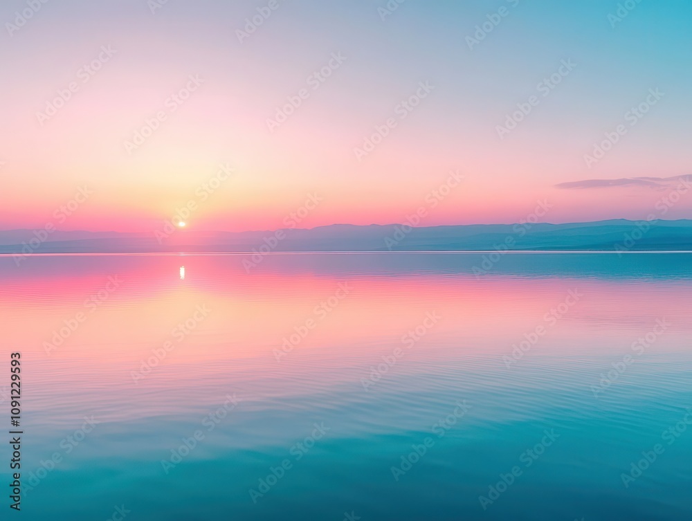 Obraz premium serene view of the dead sea at sunset, with soft pastel colors reflecting off the tranquil water surface. the horizon stretches endlessly, creating a peaceful and contemplative atmosphere