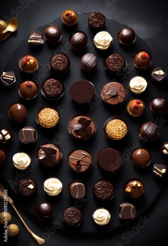 indulgent array rich decadent chocolate desserts arranged artistically dark slate background highlighting tempting layers textures, brownie, cake, ganache photo