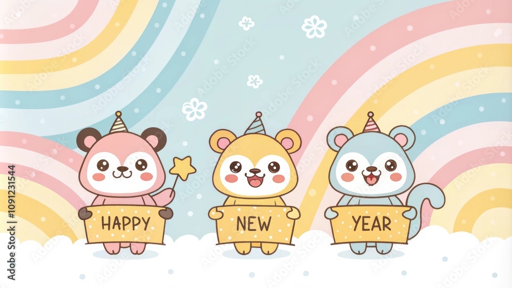 Naklejka premium Cute animals celebrating Happy New Year with colorful signs