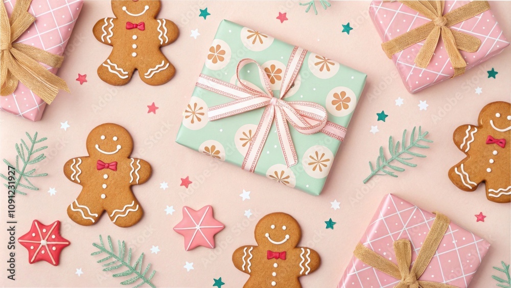 Fototapeta premium Festive gingerbread cookies and holiday gifts arrangement