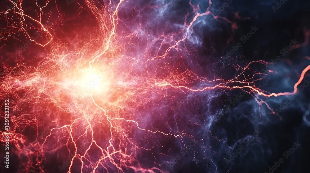 Fototapeta premium Abstract image of red and blue lightning energy explosion.