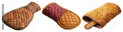 Colorful Quilted Oven Mitts on Transparent Background
