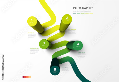 Five round green columns infographic template with five steps instructions on diagonal gradient path