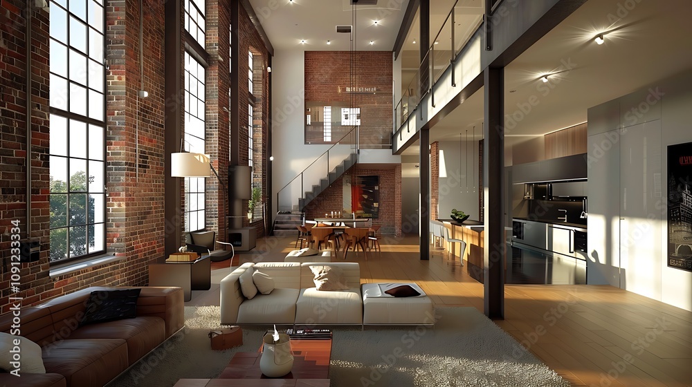 A spacious modern loft with high ceilings, large windows, and a stylish interior design featuring a living area and dining space. A spacious modern loft with high ceilings, large windows, and a stylish interior design featuring a living area and dining space.