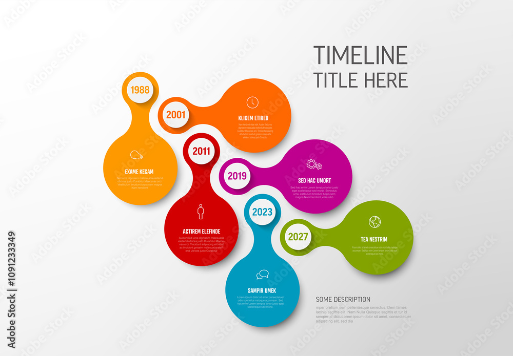 Pattern Timeline Diagonal timeline template with decriptions and icons in color circles ...