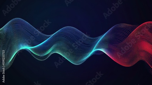 Abstract wavy lines of glowing teal and red particles on dark background.