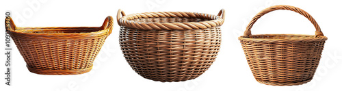 Various Wicker Baskets on Transparent Background