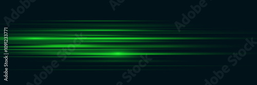 Green special effect, speed line. Laser beams, horizontal light rays. Glowing flare spark and flash lights. Luminous trail. Particle motion effect. Magic of moving fast lines. 