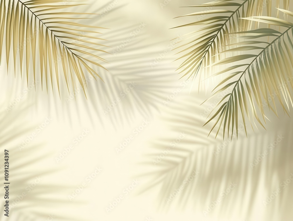 Obraz premium soft beige background adorned with the shadows of palm leaves, creating an inviting and tropical feel that evokes thoughts of relaxation and beach life