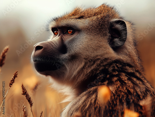 Close Up of Olive Baboon, Papio Anubis, African Savanna, Wild Nature