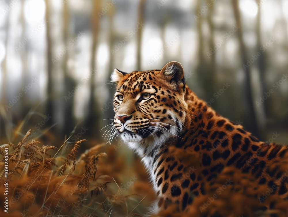 Fototapeta premium Close up photo of a beautiful Amur leopard in a natural environment