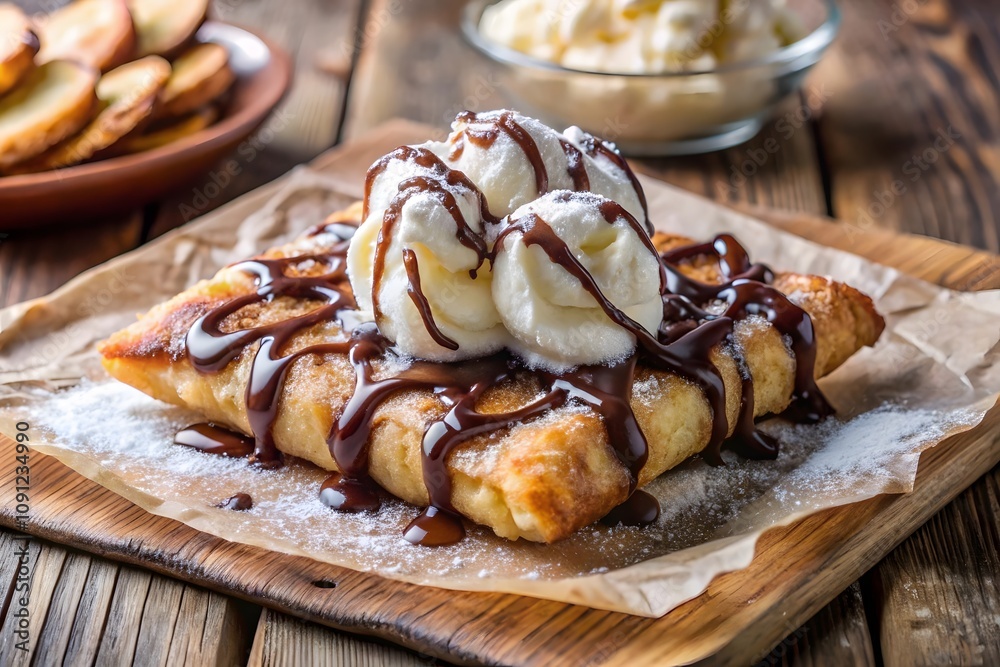 crispy pastry topped with whipped cream and chocolate drizzle, sweet dessert delight 