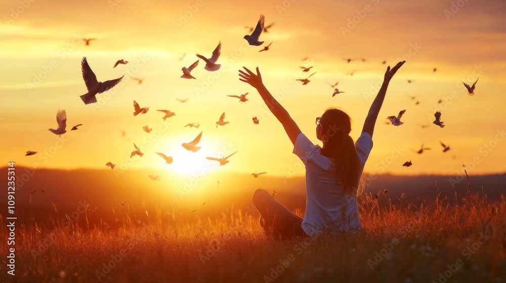 Young woman sitting field her arms raised air praying and free Young woman sitting field her arms raised air praying and free