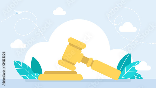Hammer judge. Wooden judge gavel, decision mallet for court verdict. Isolated on white background. Auction hammer with gold on the stand. Law and justice system symbol. Vector illustration