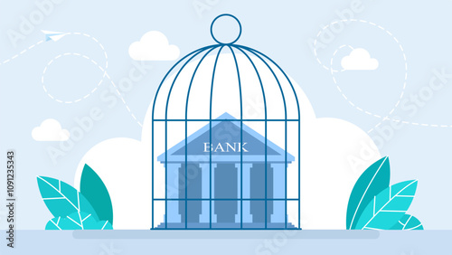 Arrested bank. Building of bank in bird cage. Bankruptcy concept. Ruined banking. Banking collapse. Financial crisis. Bankruptcy icon. Vector illustration