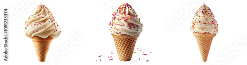 Three Ice Cream Cones with Sprinkles on Transparent Background