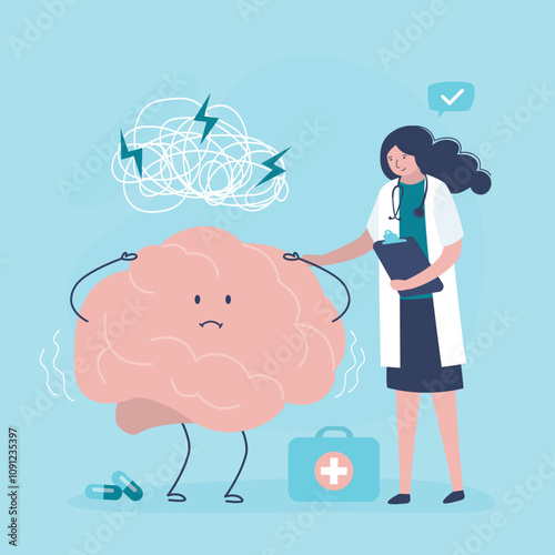 Doctor psychologist helps the disorder brain. Mind with emotional pressure. Psychotherapy, solving difficult situations, social psychiatry concept, therapist and patient