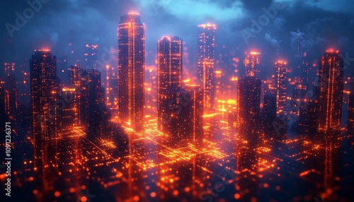 Holographic Blueprint Realm, glowing electronic cityscape, resembling a blueprint come to life. 