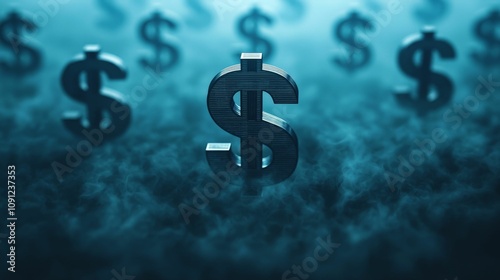 A digital representation of dollar symbols emerging from a misty backdrop, emphasizing finance and wealth in a stylized, modern design.