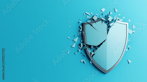 A shattered shield against a turquoise background symbolizes broken defenses and vulnerability in a modern context.