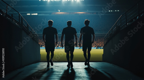 The soccer player walked through the tunnel entrance onto the pitch, ready to join his team for the big game in the stadium, embracing the spirit of the sport. soccer, player, team, stadium, tunnel