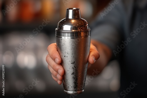 A bartender’s hand holds a cocktail shaker. On grey background. Professional close-up shot with Canon EF 50mm f/1.2L USM lens on a Canon EOS 5D Mark IV photo