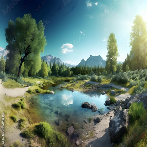 Serene Mountain Lake 3D Illustration