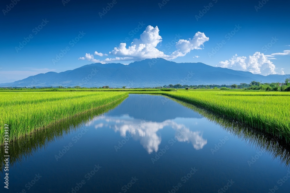 Naklejka premium Landscape photograph beautiful sky blue few white  a flooded rice field