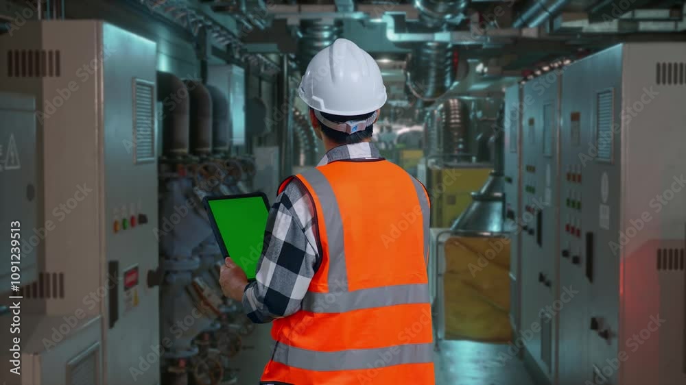 Back View Of Asian Male Engineer With Safety Helmet Working On A Green Screen Tablet And Looking Around While Standing In Engine Control Room, Work Of Electrical Generators Back View Of Asian Male Engineer With Safety Helmet Working On A Green Screen Tablet And Looking Around While Standing In Engine Control Room, Work Of Electrical Generators