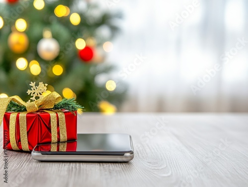 Close-up on smartphone with red Christmas sale theme snowflake icons