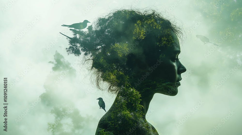 Artistic Double Exposure Portrait of a Woman with Nature Elements Including Trees and Birds, Capturing the Connection Between Humanity and the Environment Artistic Double Exposure Portrait of a Woman with Nature Elements Including Trees and Birds, Capturing the Connection Between Humanity and the Environment