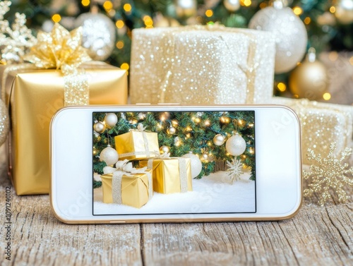 Close-up on smartphone with red Christmas sale theme snowflake icons