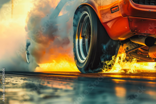 Drag racing car burns rubber off its tires in preparation for the race photo