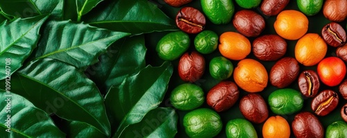 coffee origin quality concept. Aerial view of beans arranged by origin zones on natural backgrounds, coffee beans, geographic appeal