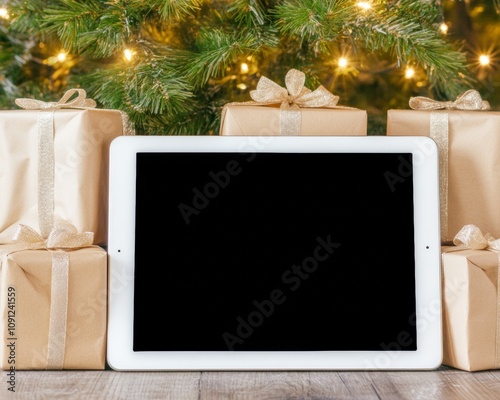 Cozy winter scene with tablet showing holiday sales gift boxes around