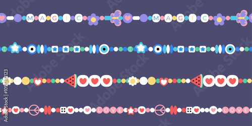 Сartoon beads bracelets seamless pattern. Retro  handmade friendship design print background for textile, print, wrapping paper, fabric, cover, wallpaper. Vector