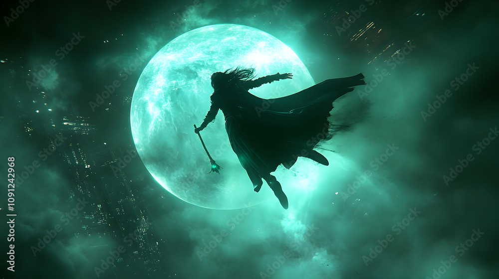Fototapeta premium Dark Sorcerer Flies Past Futuristic Cityscape Under Glowing Moon