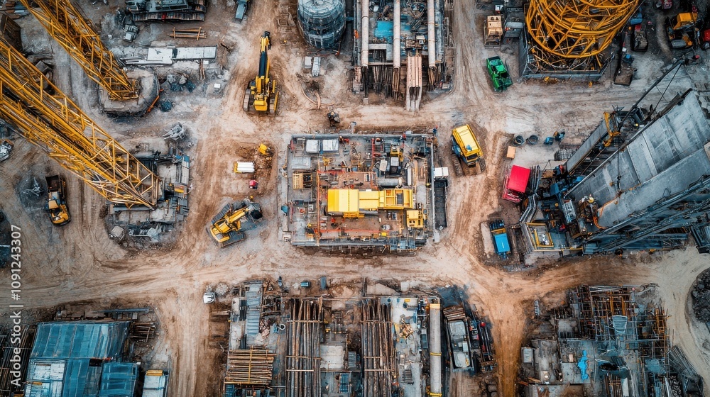 Obraz premium Aerial View Construction Site Heavy Machinery Cranes Industrial Development