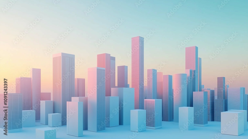 Fototapeta premium Futuristic Skyline with Geometric Structures and Soft Pastel Colors in a Dreamlike Setting Capturing the Essence of Urban Landscape and Modern Architecture