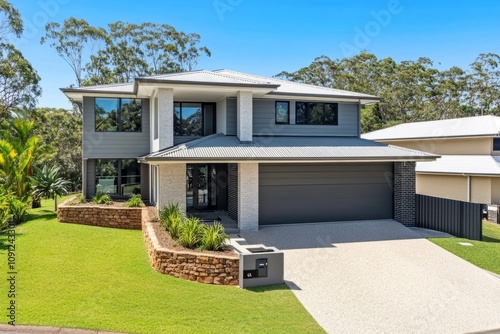 Design a modern house facade with a sharp contrast between grey and white