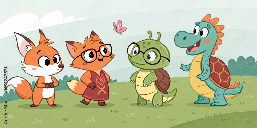Fototapeta premium Adventurous Companions A lineup of quirky animal companions including a plucky pixelated fox a wise turtle with glasses and a playful dragon displayed on a grassy field background.
