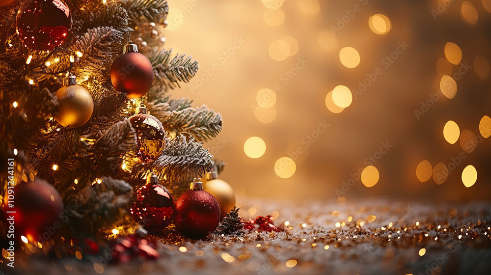 Christmas Tree Ornaments with Lights and Bokeh Background Christmas Tree Ornaments with Lights and Bokeh Background