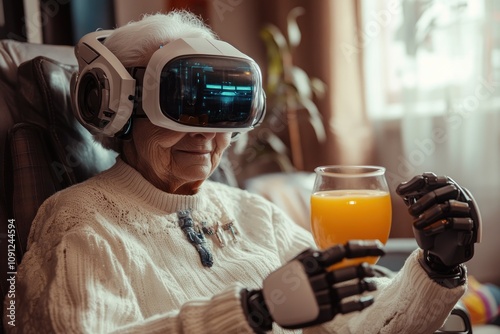 Elder using VR and robots for interactive experience photo